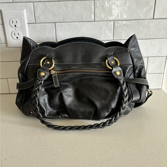 Samantha Vega Black Leather braided handle scalloped Shoulder Bag purse womens - Picture 2 of 10